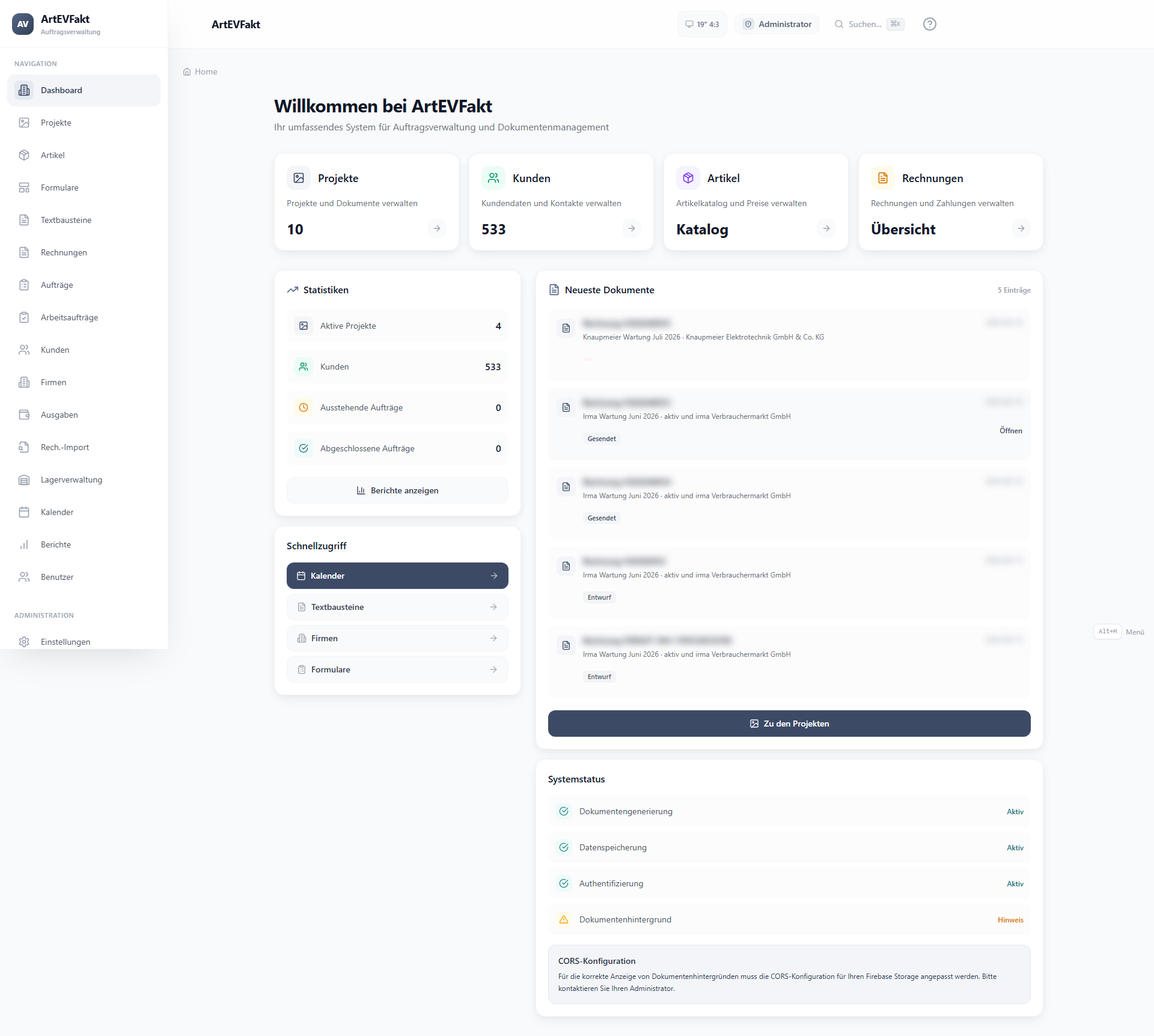 ArtEVFakt Dashboard – Übersicht über Aufträge, Rechnungen und Projekte